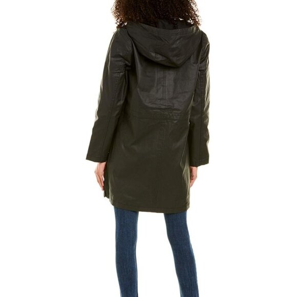 EILEEN FISHER Black Waxed Organic Cotton Twill Hooded Raincoat Sz S - Picture 2 of 10